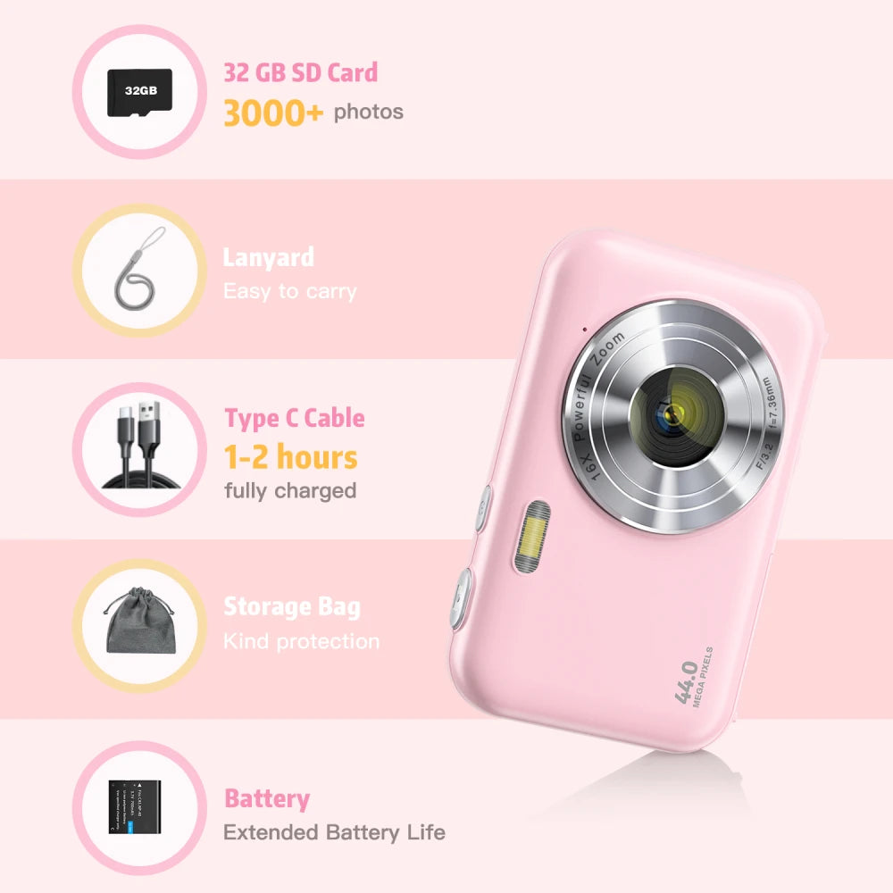 Digital Camera Beginners Camera with 32GB Card, FHD 1080P 44MP Compact Vlogging Camera with 16X Digital Zoom, Portable Mini Cam