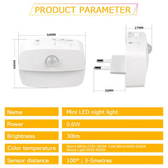 LED Night Light EU Plug In Smart Motion Sensor Light 220V Wall Lamp for Home Aisle WC Hallway Stair Kitchen Bedroom Night Lamp