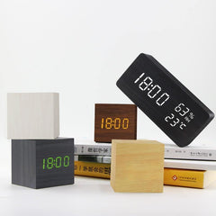 Wooden Cube LED Alarm Clock