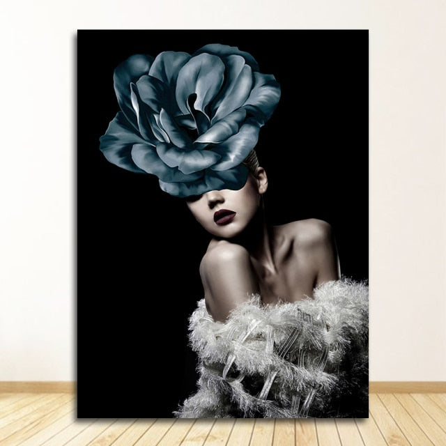 Flowers Feathers Woman Abstract Canvas Poster