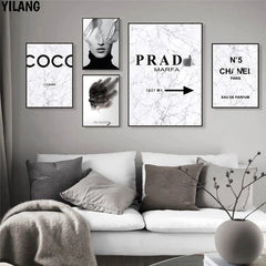 Fashion Marble Coco Quotes Poster Black White Vogue Feather Woman Wall Art Canvas Painting Pictures For Living Room Decor